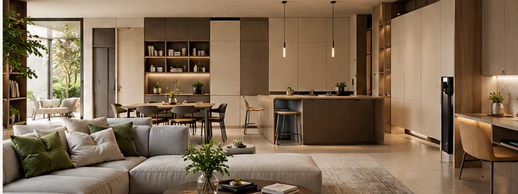Progettazione di interni con soggiorno e cucina contemporanei