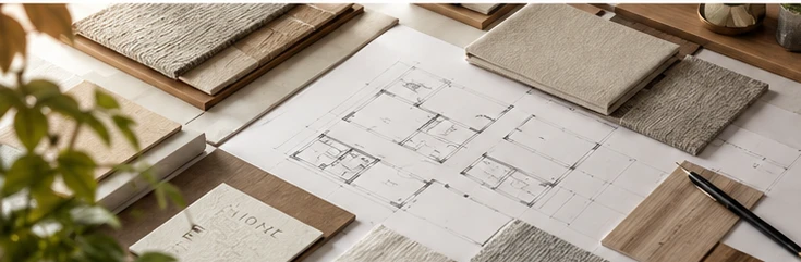 Progetto d'interni con planimetrie, campioni e materiali